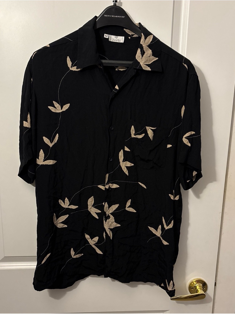 Zanella men’s medium embroidered camp shirt black leaf vine luxury casual